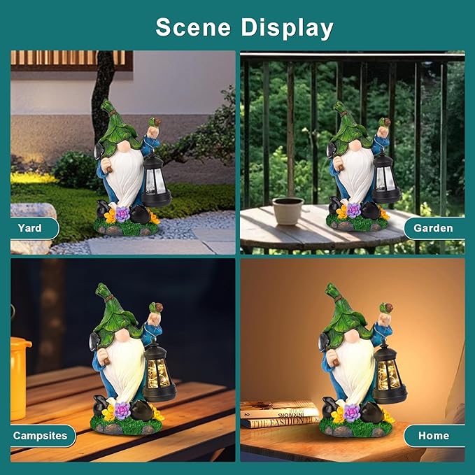 Garden Gnome Solar Figurine Lights - Solar Powered Lighting Outdoor Decorations with Lantern & Shovel, Yard Art Lawn Ornaments for Porch Patio Balcony - Gnome Gifts for Women Mom-VerdiqueGarden