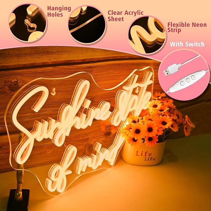 Sunshine State of Mind Neon Sign for Wall Decor,Neon Light Sign for Cafe Bar Kitchen Restaurant Coffee Dessert Shop Party-VerdiqueGarden