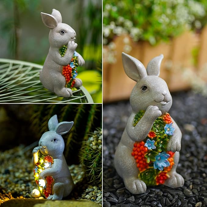 Nacome Solar Garden Outdoor Statues Bunny with Succulent and 7 LED Lights – Lawn Decor for Patio, Balcony, Yard Ornament - Unique Housewarming Gifts-VerdiqueGarden