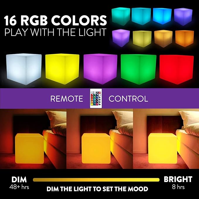 Mr.Go 12-inch Rechargeable Magic LED Light Cube Stool with Remote Control Fun Mood Lamp Soothing Night Light Decorative Lighting for Home Kids Bedside Bedroom Nightstand Nursery Pool Party-VerdiqueGarden