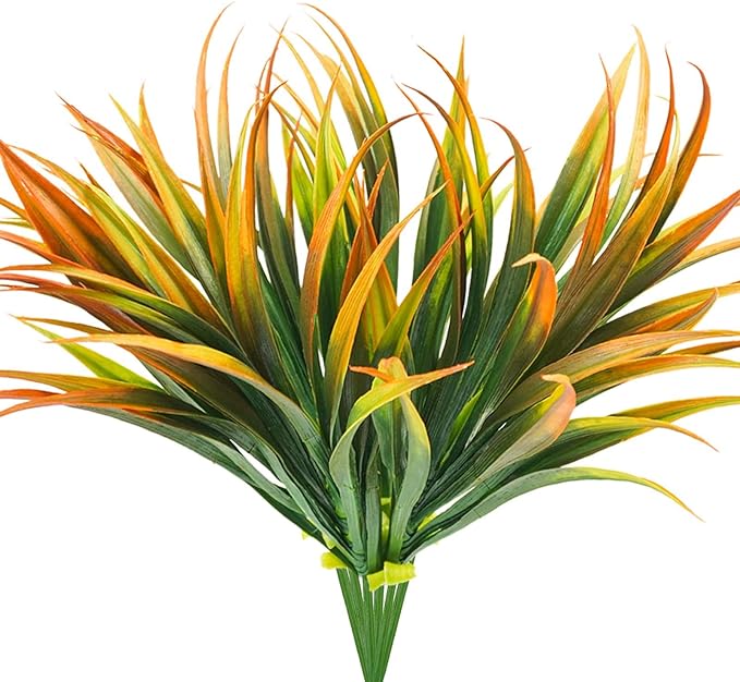 6Pcs Artificial Grass Fake Plants 17.3in Outdoor Plastic Plants UV Resistant Greenery Fake Grass for Home Window Garden Office Patio Hanging Planter Pathway Front Porch Décor Orange Yellow-VerdiqueGarden