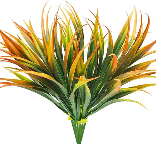 6Pcs Artificial Grass Fake Plants 17.3in Outdoor Plastic Plants UV Resistant Greenery Fake Grass for Home Window Garden Office Patio Hanging Planter Pathway Front Porch Décor Orange Yellow-VerdiqueGarden