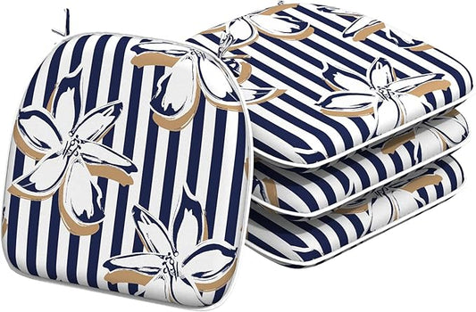Indoor/Outdoor Chair Cushions 16x17 Inch, Patio Chair Cushions with Ties, All Weather Seat Cushions for Patio Furniture Home Garden Chair Use, Set of 4, Clemens Cabana Navy-VerdiqueGarden