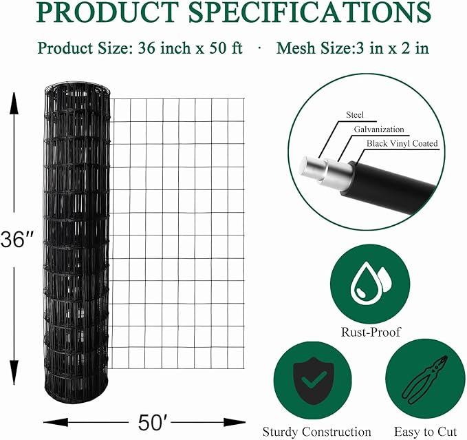 Black PVC Coated Welded Wire Fence 36 Inch x 50 Foot, 2 Inch x 3 Inch 16GA, Garden Border Fencing Roll Vinyl Coating Metal Wire Mesh for Yard Vegetable Plant Protection Poultry Netting-VerdiqueGarden
