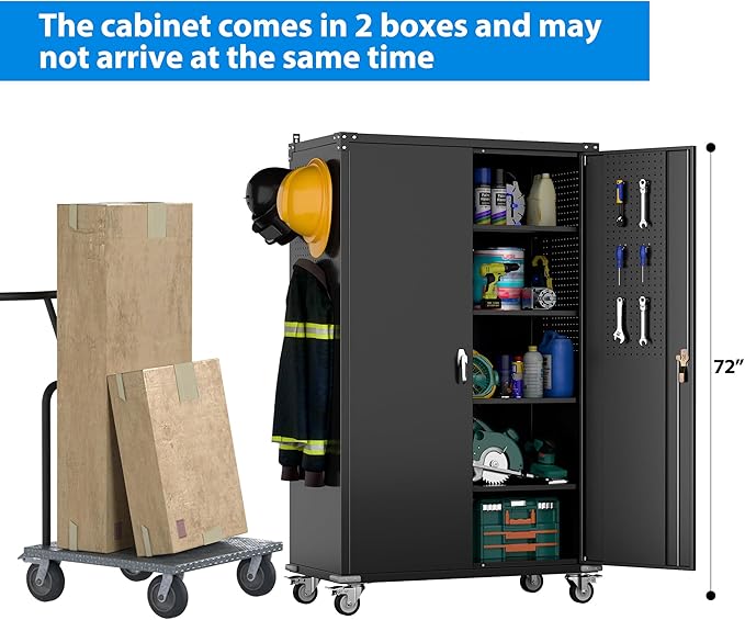 Upgraded Wide & Deep Extra Large Metal Storage Cabinet on Wheels,Lockable Garage Cabinets with 3 Pegboards,2 Tool Pouches for Garage,Office,Assembly Required,Black,43.3''W x 21.6''D x 72''H-VerdiqueGarden