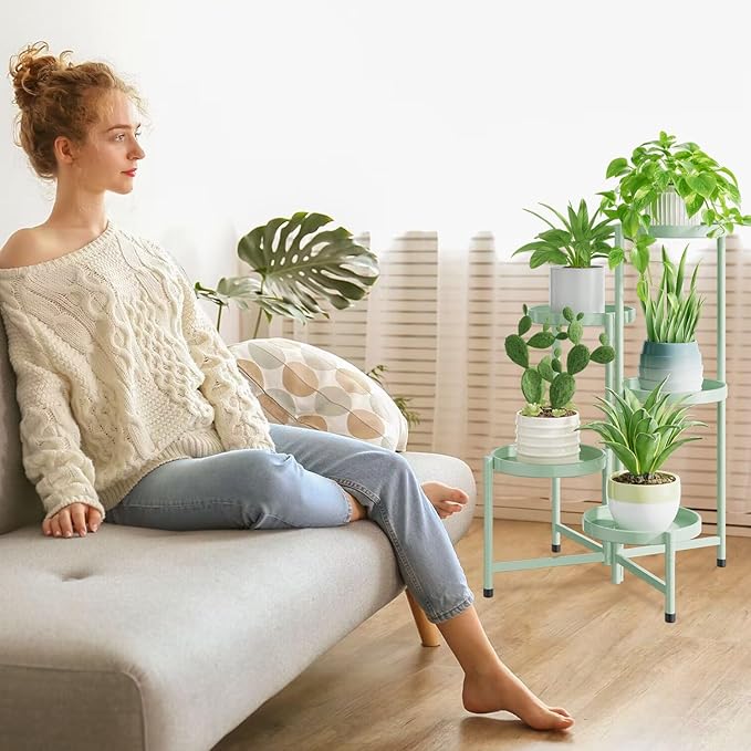 iDavosic.ly 5 Tier Large Plant Stand Indoor, 10 Inch Wide Corner Tall Metal Plant Stands Outdoor for Multiple Plants, Folding Tiered Flower Display Holder Rack Shelf, Light Green-VerdiqueGarden