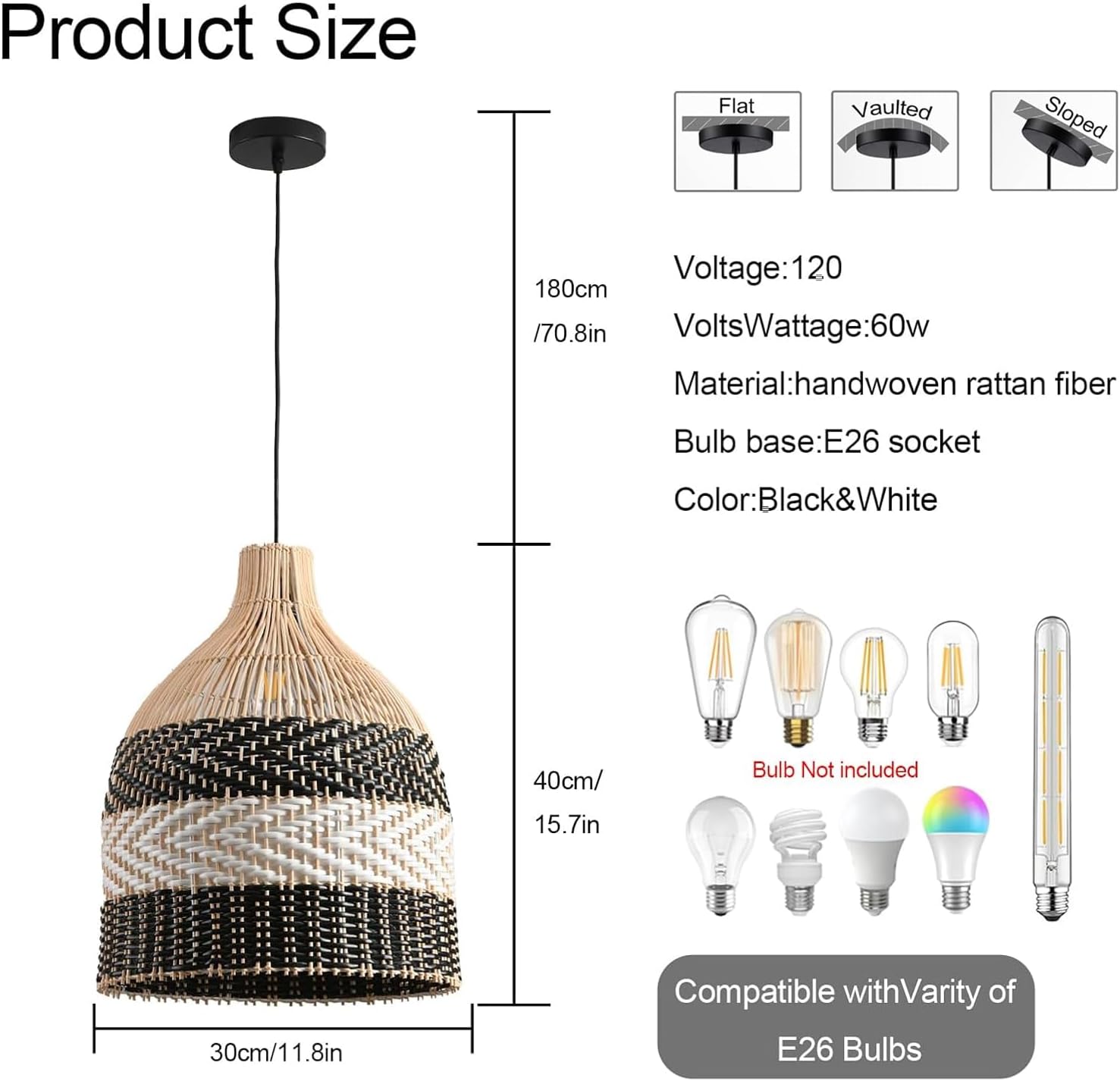 11.8" Rattan Pendant Light 1-Pack Black White Faux Rattan Basket Chandelier Boho Handmade Woven Oval Wicker Hanging Light Fixture for Public Place Dining Living Bedroom Kitchen-VerdiqueGarden