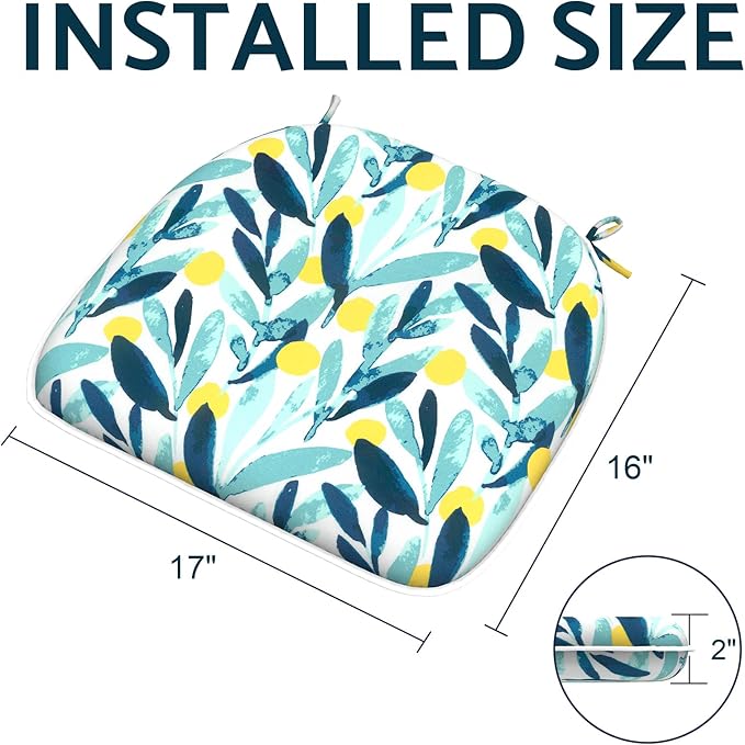 Indoor/Outdoor Chair Cushions 16x17 Inch, Patio Chair Cushions with Ties, All Weather Seat Cushions for Patio Furniture Home Garden Chair Use, Set of 4, Leaves Multi-VerdiqueGarden
