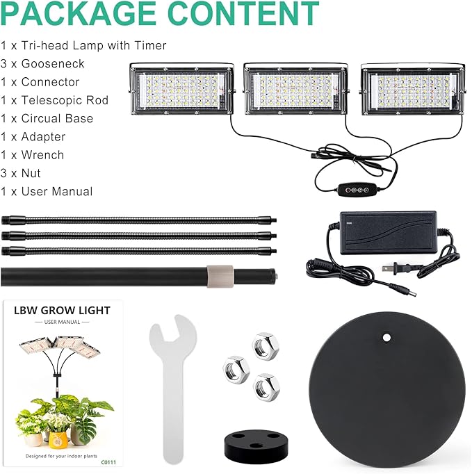 LBW Plant Grow Light, Full Spectrum Tri-Head Desk Plant Light for Indoor Plants, Growing Lamp with 3H/6H/12H Timer, 6-Level Brightness, 3 Lighting Modes, Height Adjustable, Ideal for Indoor Growth-VerdiqueGarden