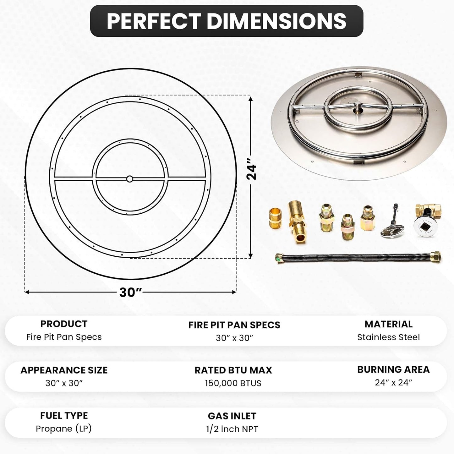Fire Pit Burner Pan & Ring - Works with Liquid Propane - Stainless Steel Fire Pit Burner Kit 30-Inch Pan, 24-Inch Ring - 150,000 BTU Max-VerdiqueGarden