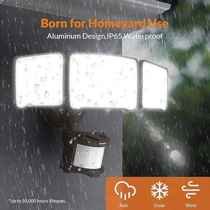 LEPOWER LED Security Light Motion Sensor Light Outdoor, 38W 4200LM Motion Security Light, 5500K, IP65 Waterproof, 3 Head Motion Detected Flood Light for Garage, Yard, Porch (Not Solar Powered, Brown)-VerdiqueGarden