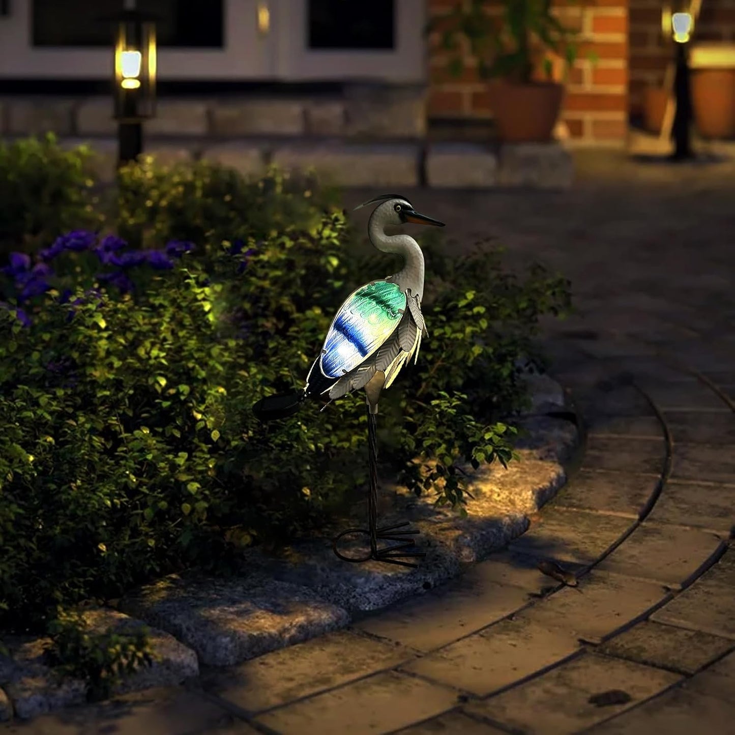 HONGLAND Solar Metal Crane Statue Garden Heron Sculpture, Glass Outdoor Heron Yard Art Coastal Ocean Bird Decor Lawn Ornament for Backyard Porch Patio Decor（24 Inch）-VerdiqueGarden