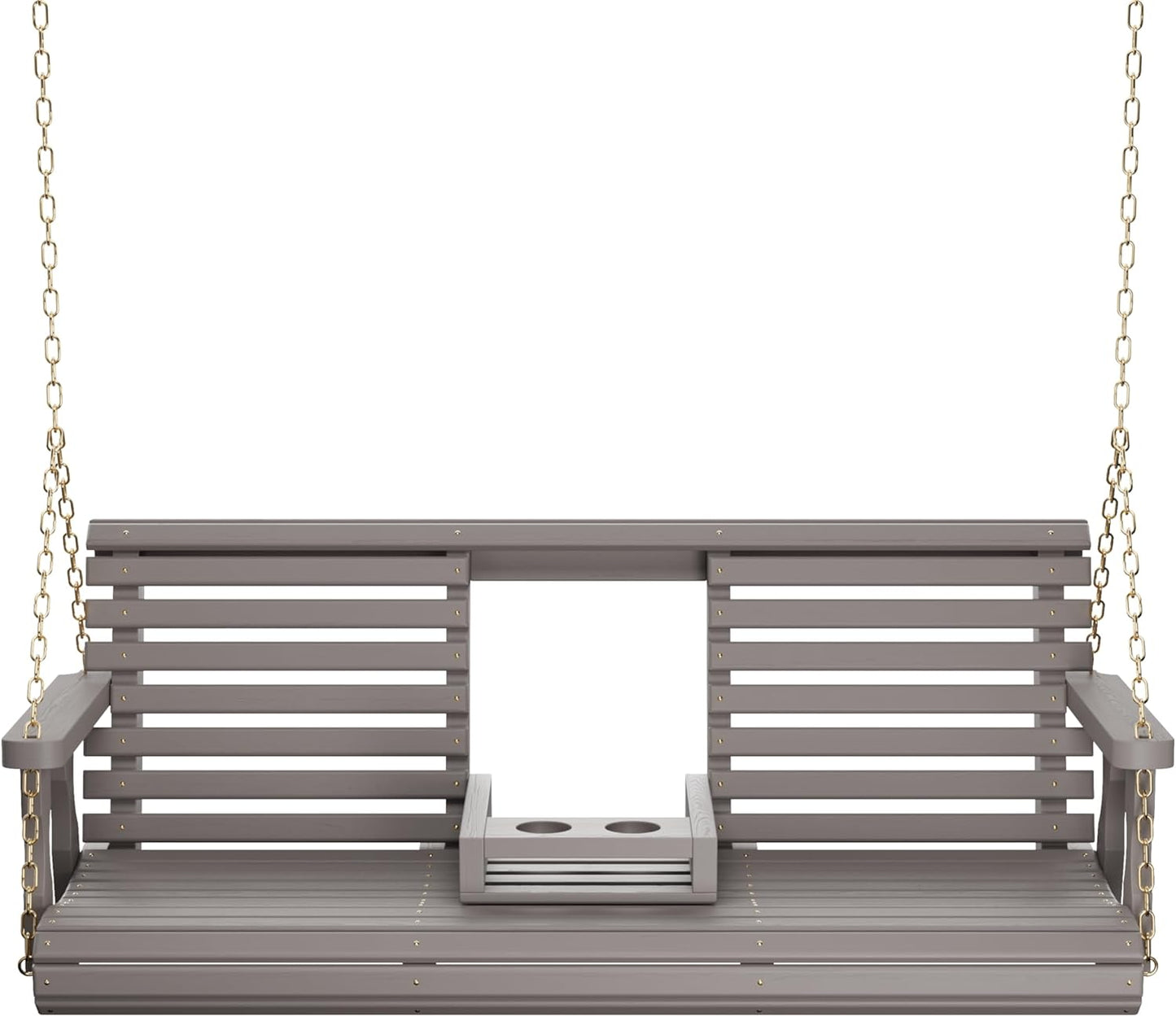Porchgate Amish Heavy Duty Console Porch Swing with Fold Down Cup Holders in Semi Solid Grey Stain - Amish Made in The USA from Treated Pine, Hanging Chains Included-VerdiqueGarden