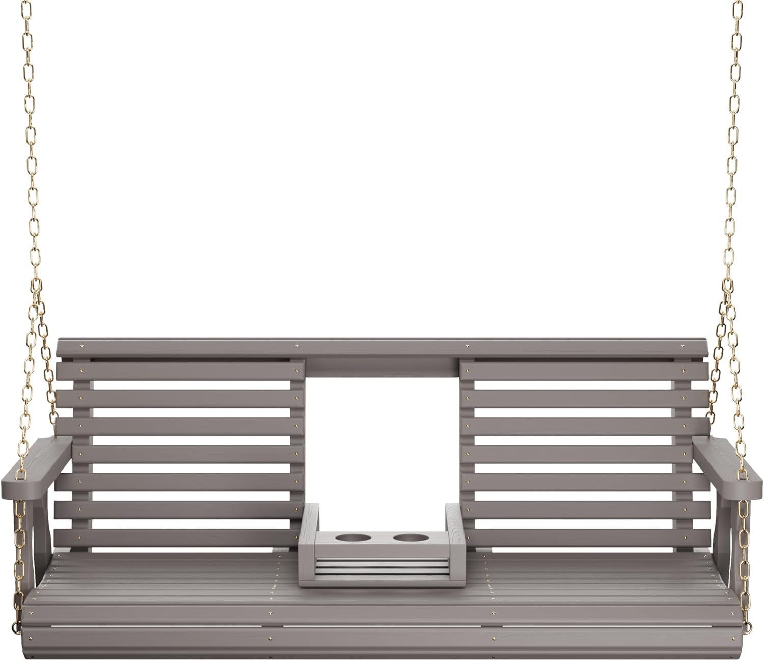 Porchgate Amish Heavy Duty Console Porch Swing with Fold Down Cup Holders in Semi Solid Grey Stain - Amish Made in The USA from Treated Pine, Hanging Chains Included-VerdiqueGarden