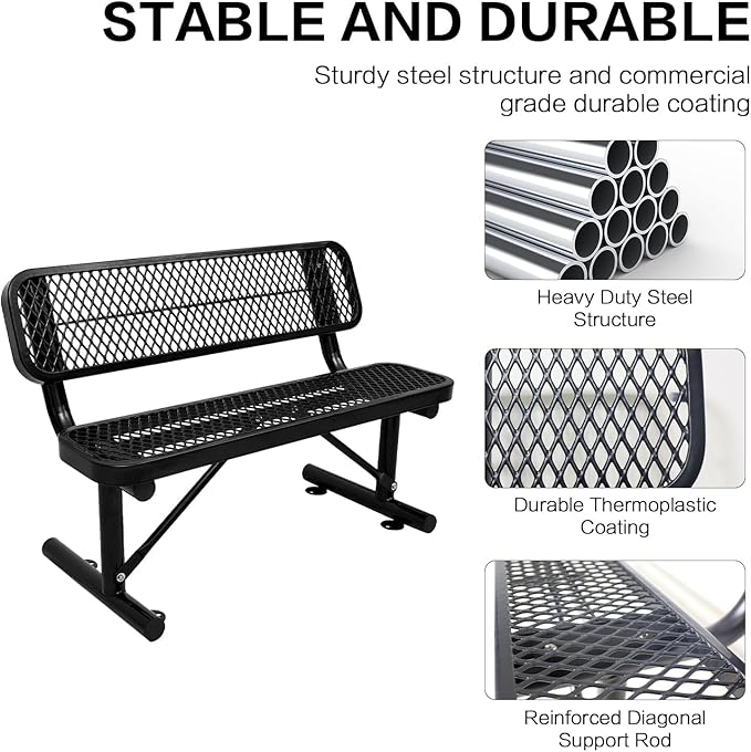 4/6/8 Feet Park Bench for Outside Heavy Duty Metal, Garden Benches Outdoor Bench with Backrest & Portable Frame, for Shopping Malls Stores Parks Patios Decks, Black-VerdiqueGarden