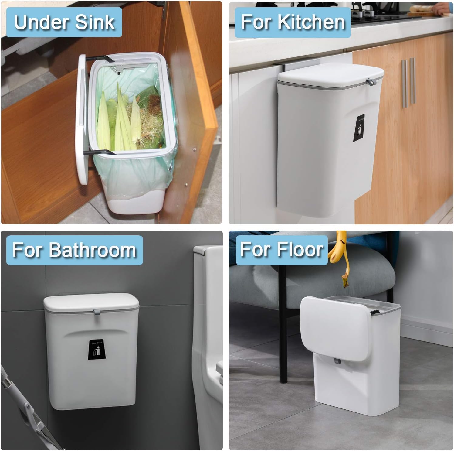 Tiyafuro 2.4 Gallon Kitchen Compost Bin for Counter Top or Under Sink, Hanging Small Trash Can with Lid for Cupboard/Bathroom/Bedroom/Office/Camping, Mountable Indoor Compost Bucket, White-VerdiqueGarden