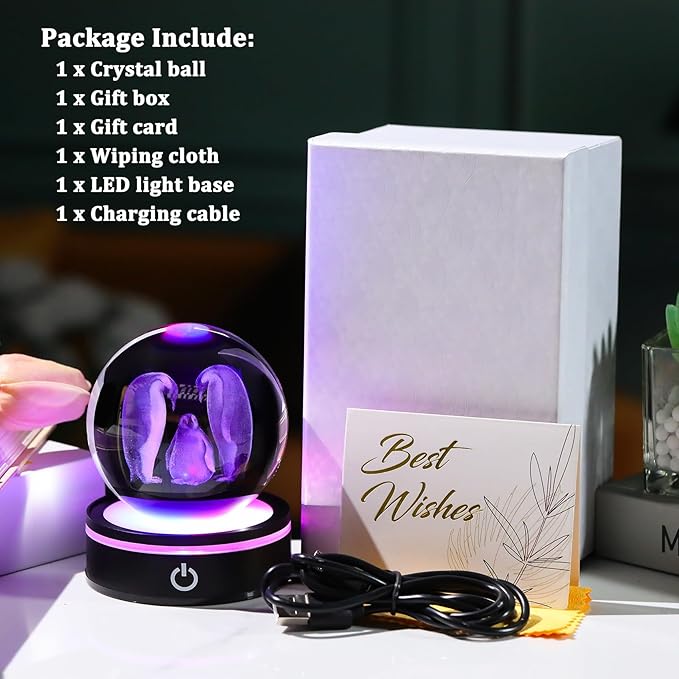 YWHL 3D Crystal Ball Penguin Figurine with LED Base Laser Penguins Gifts for Women Men on Christmas Birthday Decorative Penguin Statue Ball Glass Animals Globe Night Light for Home Decor (80mm)-VerdiqueGarden