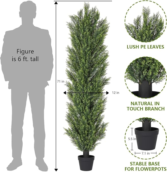 THE BLOOM TIMES 6ft Tall Topiary Trees Artificial Outdoor – UV Resistant Faux Cedar Pine Cypress Bushes and Shrubs, Fake Potted Plants for Front Porch Outside Planter Patio Decor, Set of 2 (6 Foot)-VerdiqueGarden