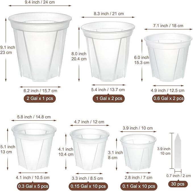 3.9-9.4 Inch Big Size Clear Nursery Pots with Drainage, 6 Sizes 30 Packs Nursery Garden Pots with 30 Plant Labels for Seedling Plants, Nursery Pots Variety for Indoor Outdoor Seed Starter Flower Pots-VerdiqueGarden