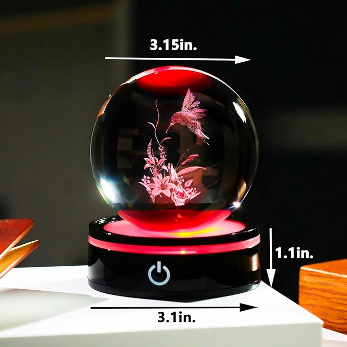 YWHL 3D Hummingbird Figurine Crystal Ball with Light Base, Hummingbird Gifts for Women Men on Christmas Birthday, 3D Laser Engraved Hummingbird Ornament Glass Decorative Ball for Home Office (80mm)-VerdiqueGarden