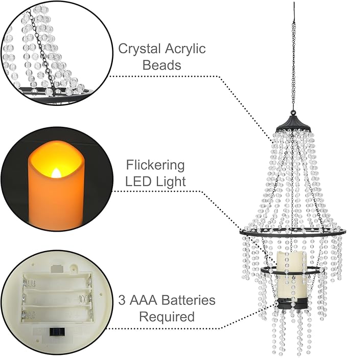 Battery Operated Hanging Chandelier Outdoor Indoor, 28” Modern Acrylic Crystal Hanging Beaded Lantern with Led Candle Light, Pendant Lights Decor for a Gazebo, Garden, Backyard, Patio, Balcony, Porch-VerdiqueGarden