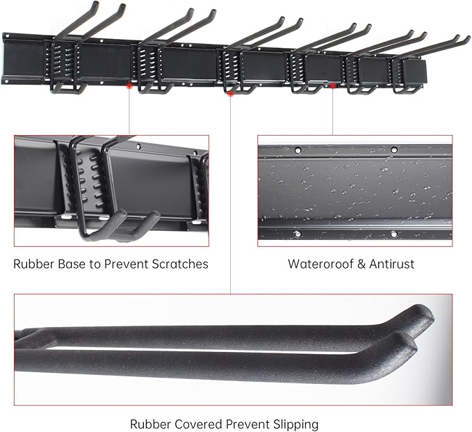 Garage Storage Rack Hooks, 48 Inch Heavy Duty Wall Mount Garage Organization with 3 Rails and 6 Adjustable Double Wall Hooks,Hanging Shelves for Garden Tool/Broom/Mop(Black)-VerdiqueGarden