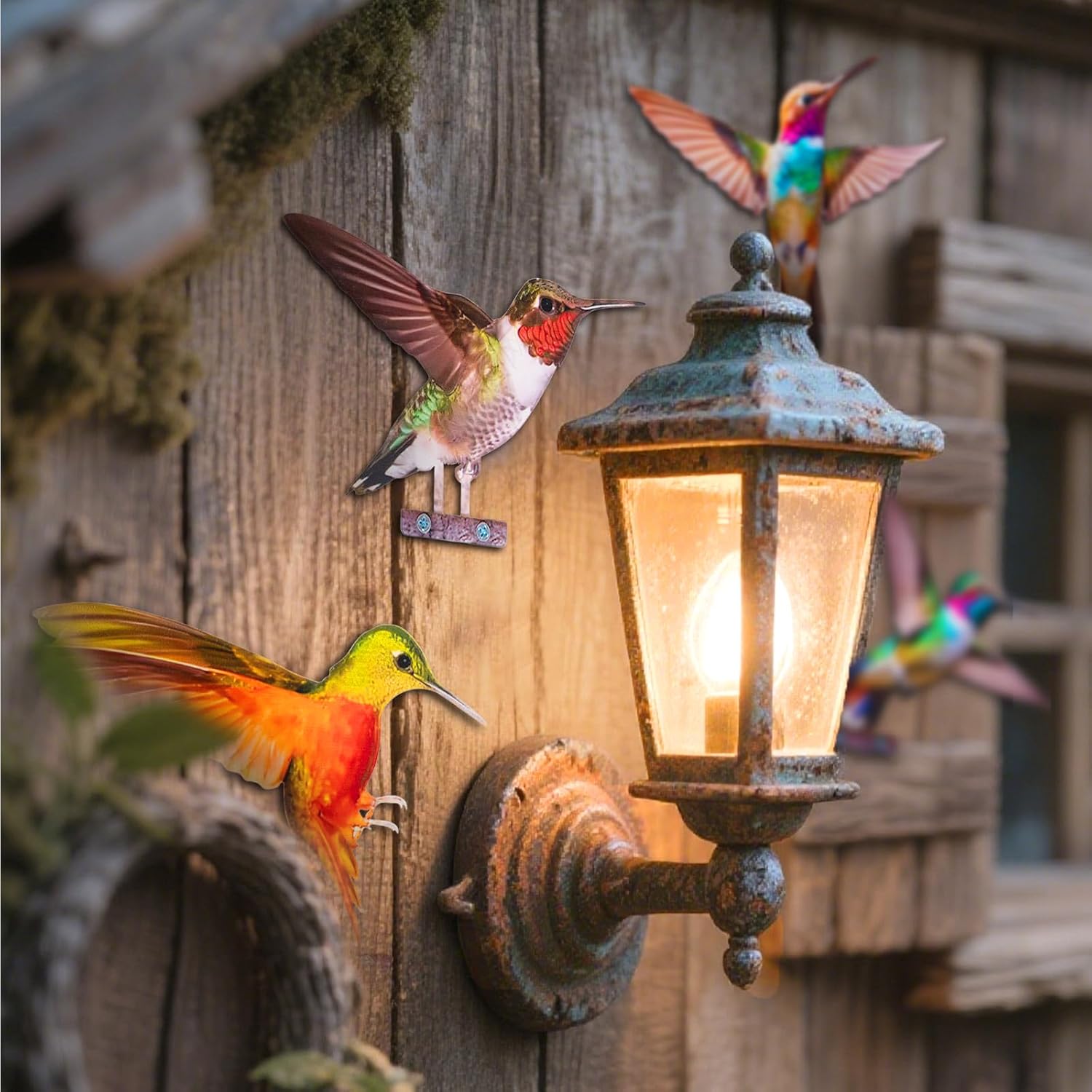 HUYIENO 5PCS Vibrant Metal Bird Decorations Colorful 2D Garden Fence Ornaments for Outdoor Patio & Bird Lovers Hummingbird-VerdiqueGarden