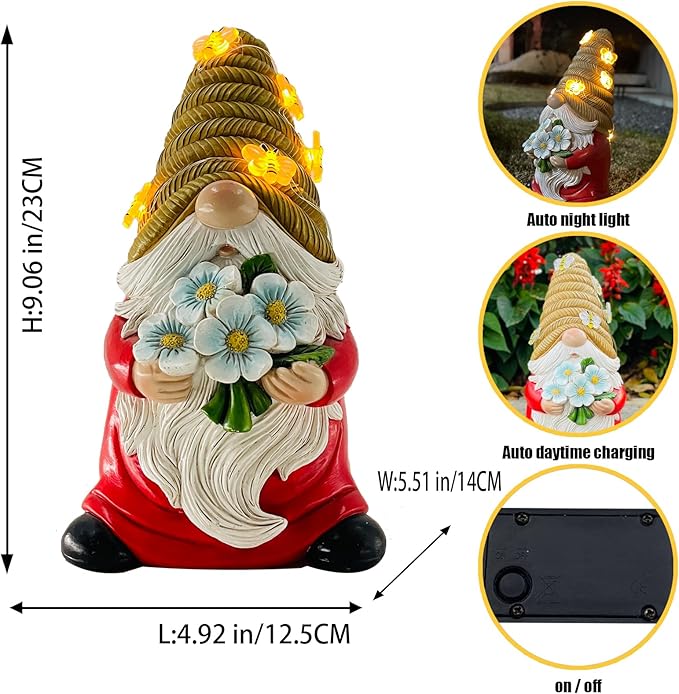 Outdoor Garden Gnomes Statue, Bee Flower Gnome Sculpture, with Solar LED Lights for Yard, Patio, Lawn Ornaments for Garden, Patio Gnome Gifts for Mom-VerdiqueGarden