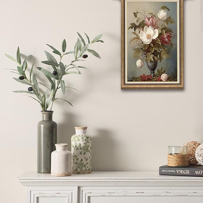 Vintage Vase Set of 3, Ceramic Vintage Flower Vases, Chinoiserie Decorative Home Decor Retro Floral Vase Rustic Farmhouse Decor for Table Bookshelf Mantel Kitchen Living Room Office - Green and Beige-VerdiqueGarden