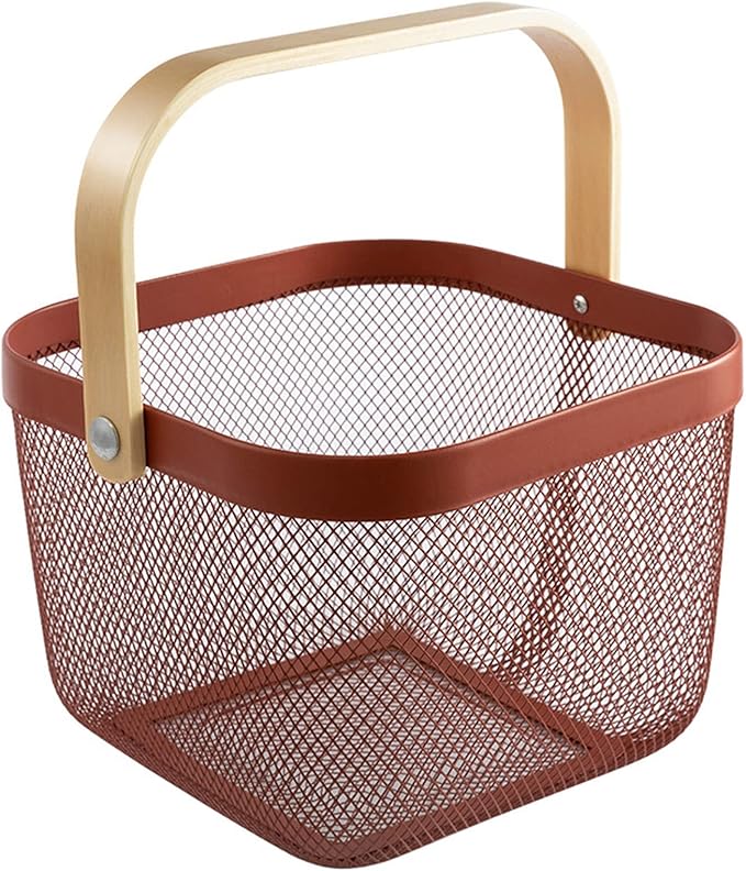 Metal Mesh Steel Basket, Storage Organizer Basket Multi-functional Hanging Kitchen Baskets Fruit Basket Bin with Bamboo Handle for Kitchen Bathroom Picnic Shopping Decor Cabinet Home, Red-VerdiqueGarden
