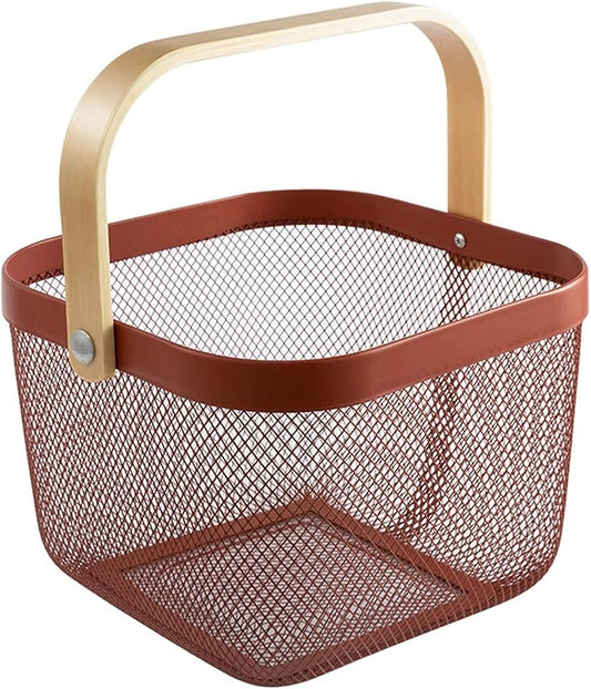 Metal Mesh Steel Basket, Storage Organizer Basket Multi-functional Hanging Kitchen Baskets Fruit Basket Bin with Bamboo Handle for Kitchen Bathroom Picnic Shopping Decor Cabinet Home, Red-VerdiqueGarden