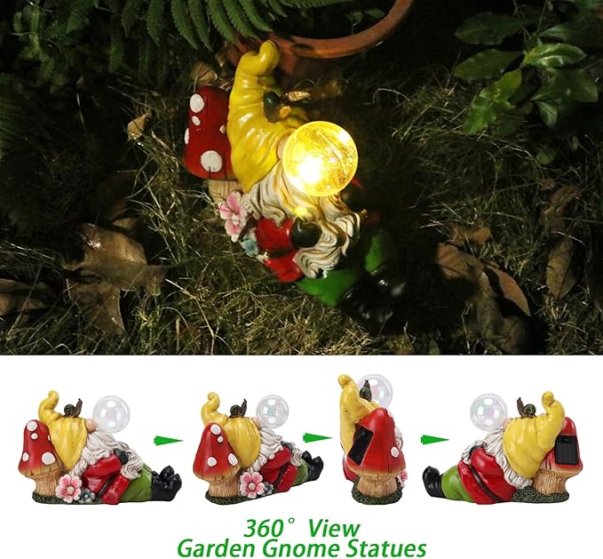 Garden Gnome Statue Outdoor Decor, Funny Gnome Figurine Lying on Mushroom with Crackle Globe Lights, Waterproof Resin Sculptures Lawn Ornament Tabletop Decorations for Porch Yard Decor-VerdiqueGarden