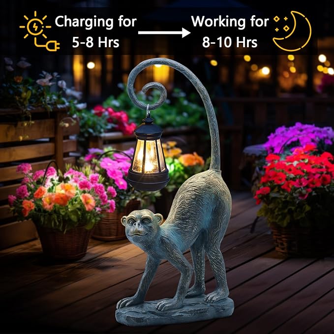 Resin Monkey Statue with Solar Light - Whimsical Garden Decor, Good Luck Gifts for Women,Outdoor Statues Yard Decor for Patio,Porch,Home - Unique Housewarming Gifts-VerdiqueGarden