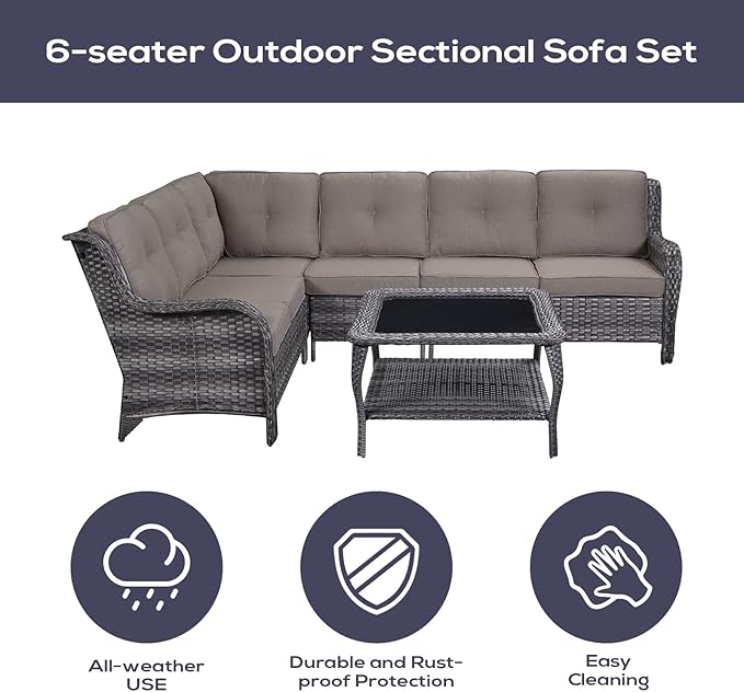 Outdoor Furniture Sectional Sofa L Shaped Couch - Patio Wicker Furniture Set with Coffee Table, 3 Piece Rattan Patio Conversation Sets with Gray Cushion for Deck Backyard Sunroom-VerdiqueGarden