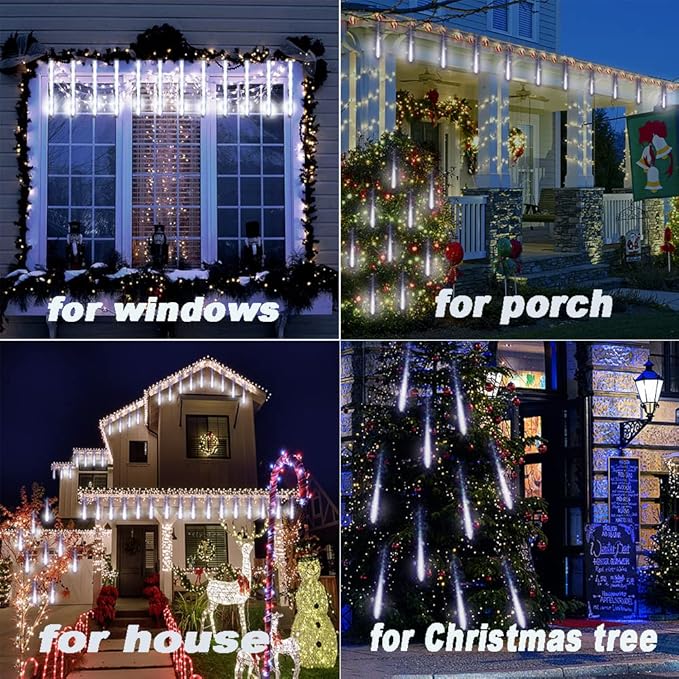Aokudoni Christmas Lights Outdoor, Upgraded 16 inch /40cm Meteor Shower Lights 8 Tube Falling Rain Light Icicle String Lights for Xmas Tree New Year Party Wedding Decorations, UL Plug, White-VerdiqueGarden