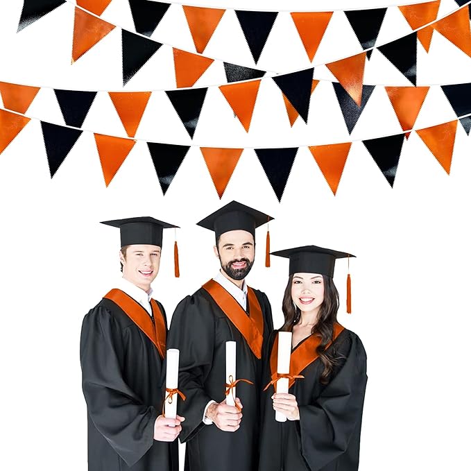 Black Orange Party Decoration Metallic Fabric Triangle Pennant Banner Flag Bunting Garland for Graduation Halloween Fall Autumn Thanksgiving Birthday Wedding Baby Shower Bridal Shower Party Supplies-VerdiqueGarden