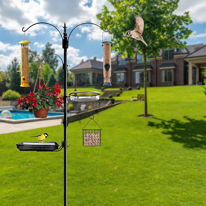 Premium Bird Feeding Station with 2 Bird Feeders Included for Outside - Multi Feeder Pole Stand Kit with 4 Hangers, Bird Bath and 5 Prong Base for Attracting Wild Birds - 22 Inch Wide x 91 Inch Tall-VerdiqueGarden
