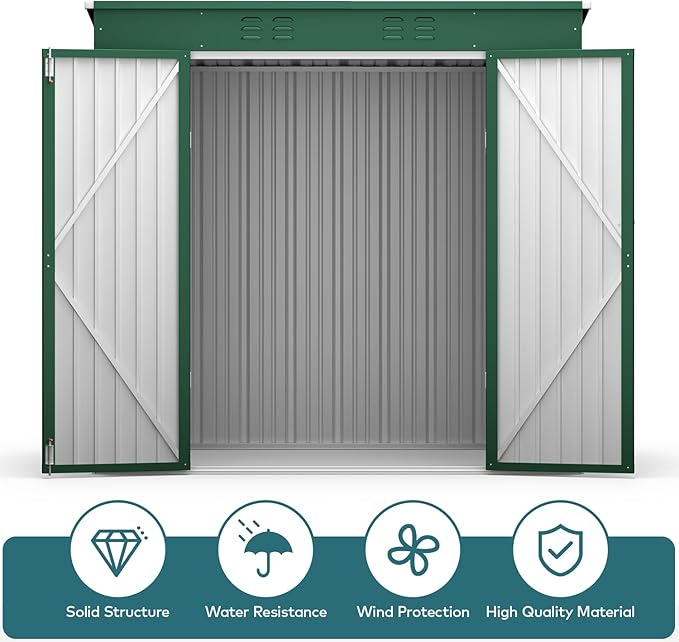 Gizoon 6' x 4' Outdoor Storage Shed with Double Lockable Doors, Anti-Corrosion Metal Garden Shed, Waterproof Shed Outdoor Storage Clearance for Backyard Patio Lawn-Green-VerdiqueGarden