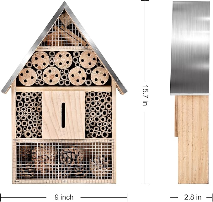 Wooden Mason Insect Bee Butterfly House,Insect Hotel,an Outdoor Hanging Bamboo Habitat for Bee Butterfly Ladybugs Live,Bee Box,Butterfly Habitat for Garden,9 x 15.7 x 2.5 Inch-VerdiqueGarden