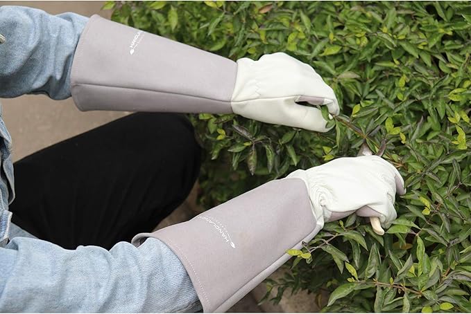 HANDLANDY Long Gardening Gloves for Men & Women, Thorn Proof Rose Pruning Gloves Leather Gauntlets Garden Glove Yard Work Glove (Small, Grey)-VerdiqueGarden