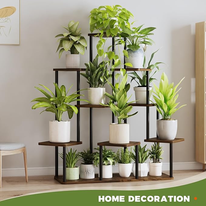 Bamworld Large Plant Stand Indoor, 9 Tier Tall Metal Plant Shelf for Multiple Plants, Tiered Flower Stand for Patio Garden Balcony Living Room Bedroom(Brown)-VerdiqueGarden
