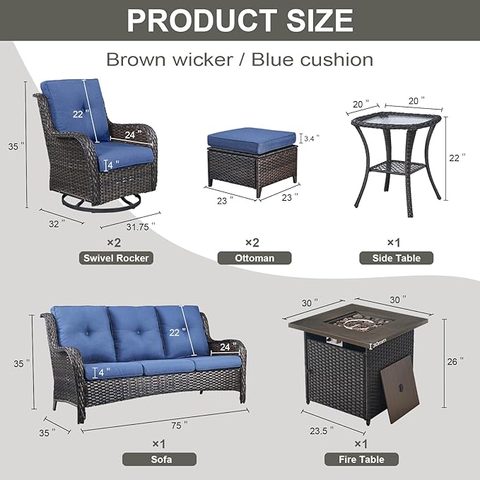 Outdoor Patio Furniture Set with Propane Fire Pit Table, 7 Pieces Wicker Patio Conversation Set with 2 Swivel Glider Rocker Chairs Rattan Sofa Blue Cushion Perfect for Casual Gathering-VerdiqueGarden