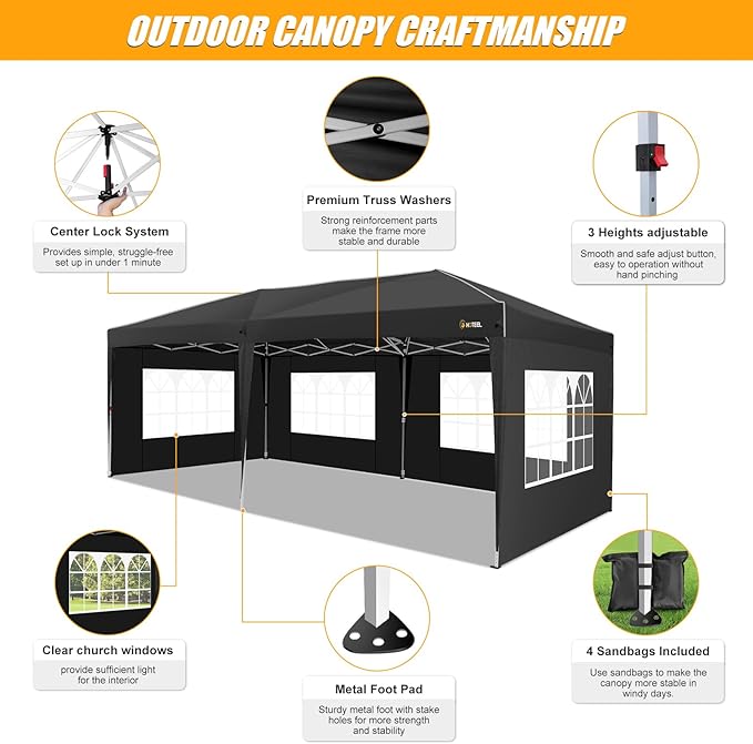 HOTEEL 10x20 Pop up Canopy with 6 Sidewalls, One Push Instant Setup Outdoor Canopy Tent with Reinforce Rod, Weight Bag, for Parties, Events, Black-VerdiqueGarden