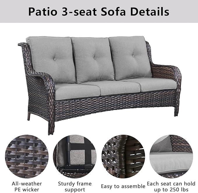 Outdoor Wicker Furniture Patio Set - 7 Piece Backyard Furniture Brown Rattan Conversation Sets with Swivel Rocker Chairs, Rattan Sofa, Club Chairs and Coffee Table, Grey Cushion-VerdiqueGarden