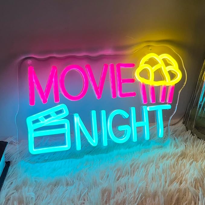 Movie Night Neon Sign With Popcorn Dimmable LED Neon Lights for Wall Decor USB Powered Light Up Signs for Bedroom Living Room Cinema Film Room Man Cave Home Bar Wedding Birthday Party-VerdiqueGarden