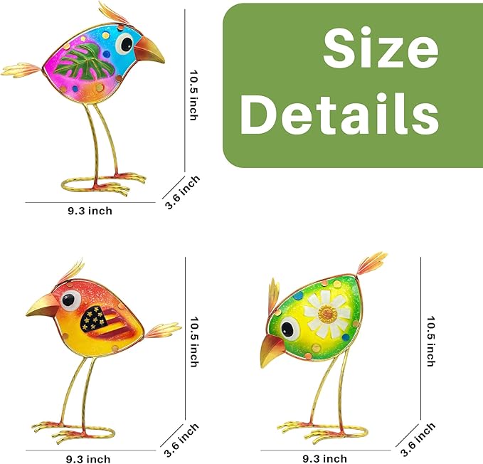 Birds Garden Decor for Outside: Metal & Glass Bird Yard Art, Craft Statue Lawn Ornaments for Outdoor, Housewarming Birthday Gifts for Women (3 PCS)-VerdiqueGarden