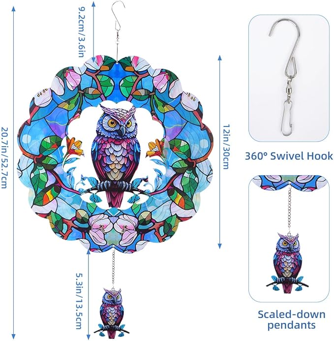 Wind Spinners Outdoor, FACIACC Owl Metal 3D Hanging Garden Decor, 12-inch Stainless Steel Wind Spinner with Tail Spinner, Wind Sculptures for Indoor Patio Lawn Yard, Ornament Gift for Women/Men-VerdiqueGarden