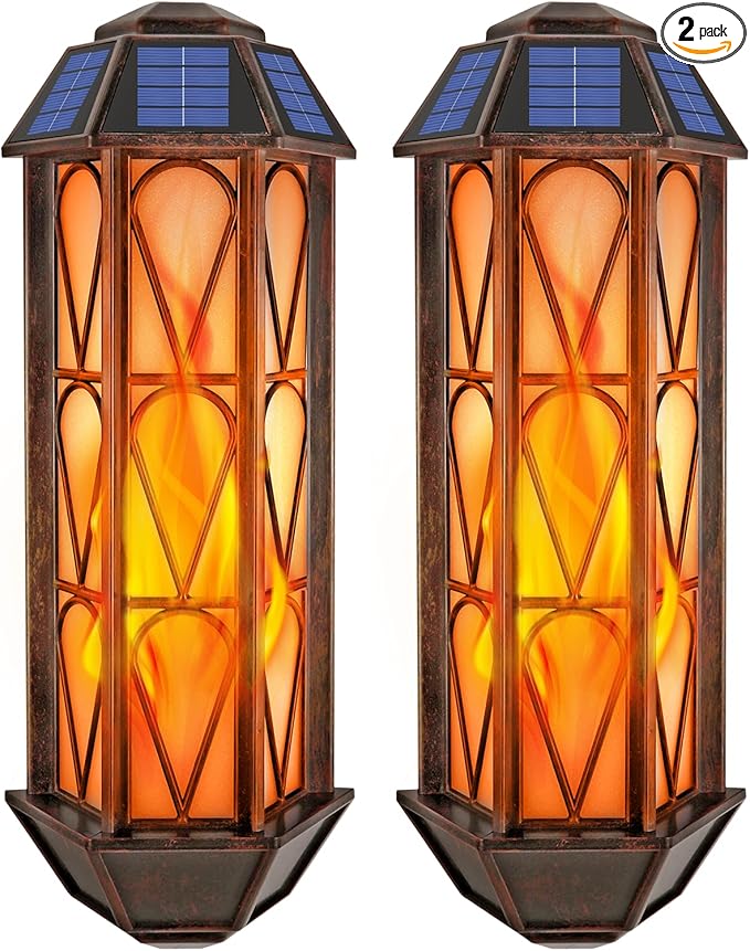 Solar Flame Lights Outdoor, Upgraded 74 LED Flickering Flame Lights, Solar Powered Auto On/Off, Outdoor Waterproof Wall Lanterns for House Garage Doorway Garden Porch Patio Yard Decoration (2 Pack)-VerdiqueGarden
