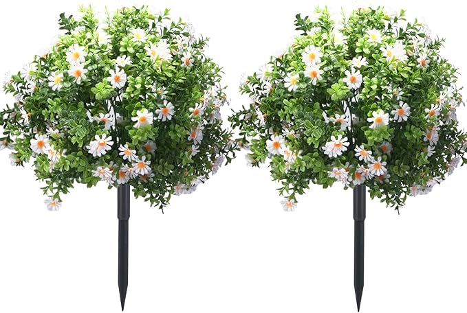 23.6" Artificial Boxwood Topiary Ball Trees with White Flowers, Set of 2 UV Resistant No Fade Outdoor Faux Plants with Ground Spike, Fake Shrubs for Garden, Patio, Porch, Yard, Indoor Decor-VerdiqueGarden