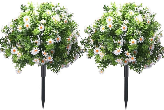 23.6" Artificial Boxwood Topiary Ball Trees with White Flowers, Set of 2 UV Resistant No Fade Outdoor Faux Plants with Ground Spike, Fake Shrubs for Garden, Patio, Porch, Yard, Indoor Decor-VerdiqueGarden